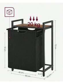 VASAGLE Cesto Portabiancheria, Porta Biancheria, Sacco in Tessuto Oxford Estraibile e Rimovibile, Piano d'Appoggio, Struttura Metallo, 65L, 50 x 33 x 72 cm, Marrone Vintage e Nero - marrone vintage e nero - Visualizzare 7