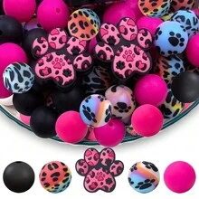 25/30/56 pièces Set de perles en silicone avec motif de patte d'animal et imprimé léopard, kit de fabrication de bijoux DIY pour porte-clés, colliers et accessoires - Ensemble de perles de silicone bricolage colorées - Voir 12
