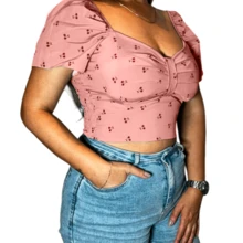 Cropped Blouse Cherry Print Short Sleeve Slim Women's S8169 - Màu Hoa hồng đỏ - Xem 4