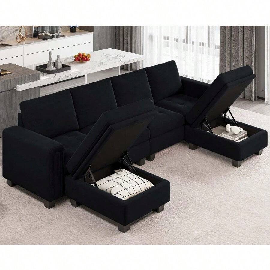 Velvet U Shaped Sectional Sofa Couch With Storage Ottoman Convertibel