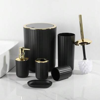 4/6pcs Bathroom Set, Hotel Bathroom Vanity Accessories, Trash Can, Toothbrush Holder, Dispenser Bottles, Soap Dish, Toilet Brush, Cleaning Swab Holder Home Bathroom Decor Fall Decor Back To School