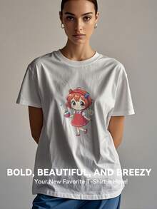 Women's Print Short Sleeve T-Shirt, Black & White Shirt, 180gsm Shirt, Crew Neck Short Sleeve T-Shirt, Breathable & Comfortable Casual Sports Fitness Tee, Casual Vintage Style, Suitable For Summer, Beach Holiday Crew Neck Short Sleeve Casual T-Shirt, Summer Tee - White - View 1