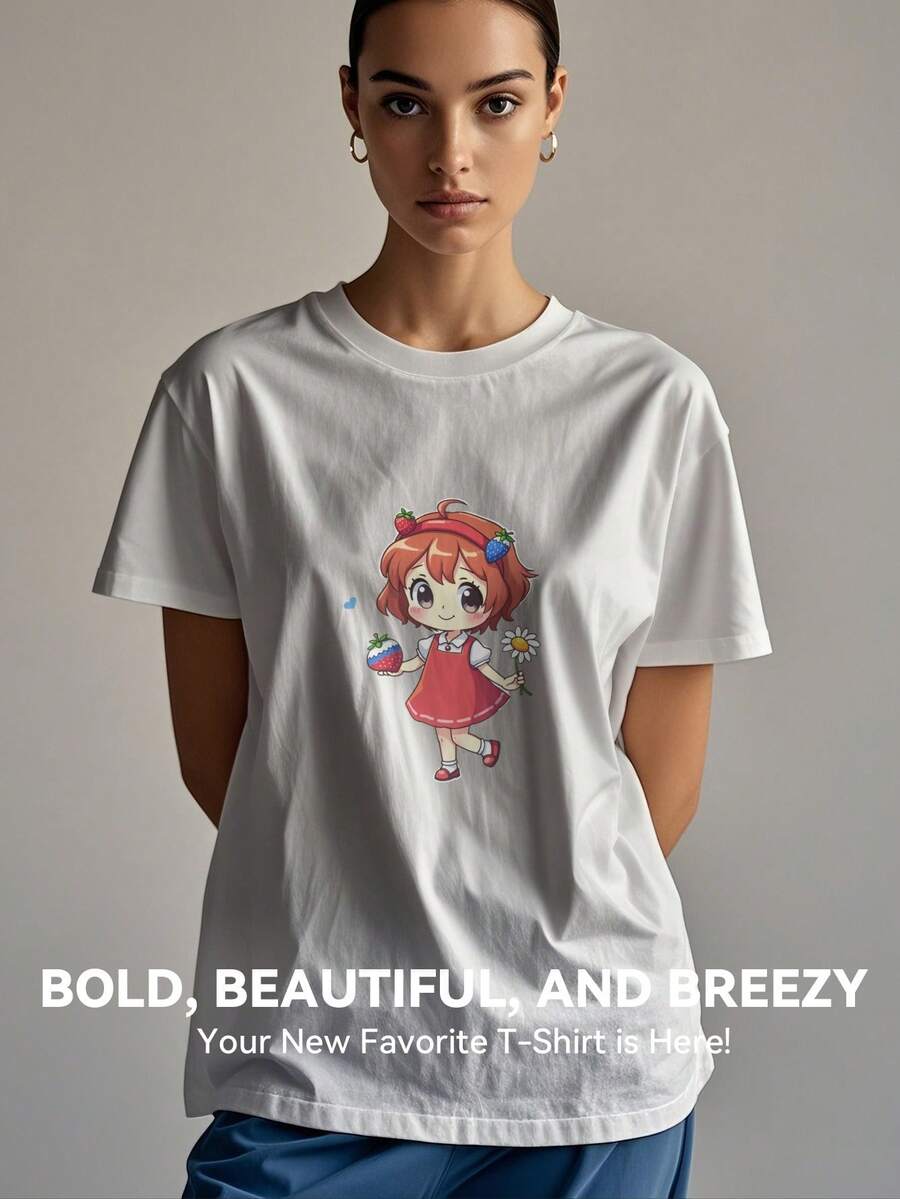 Women's Print Short Sleeve T-Shirt, Black & White Shirt, 180gsm Shirt, Crew Neck Short Sleeve T-Shirt, Breathable & Comfortable Casual Sports Fitness Tee, Casual Vintage Style, Suitable For Summer, Beach Holiday Crew Neck Short Sleeve Casual T-Shirt, Summer Tee - White - View 1