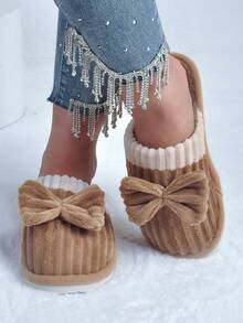 Zuecos de mujer, zapatillas de casa informales y de moda para otoño/invierno con puntera cerrada, cálidas y cómodas con decoración de lazo y suela de EVA - Camel - Ver 2