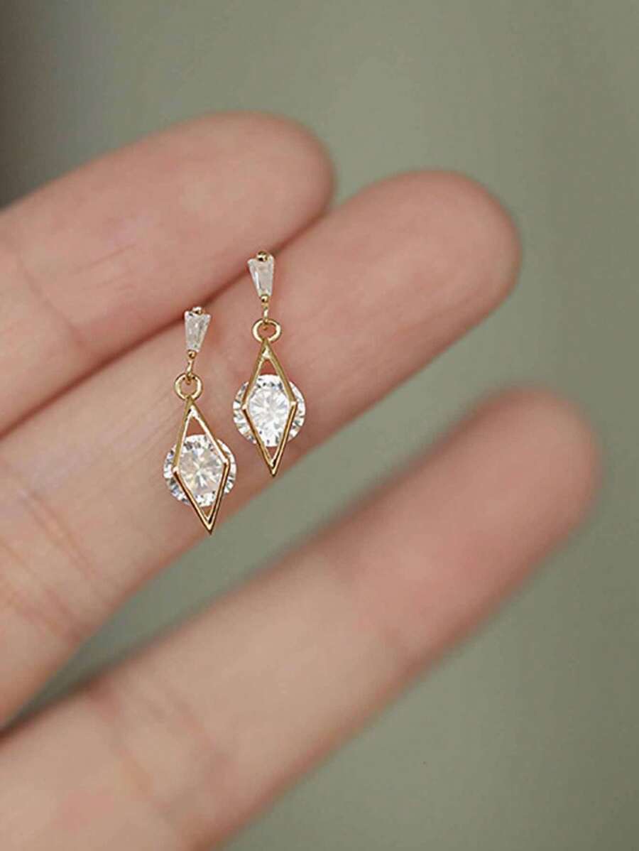 1 Pair S925 Sterling Silver Cubic Zirconia Hollow Rhombus Pendant Drop Earrings, Elegant And Versatile Jewelry Gift For Women, Wedding Travel Party Festival - Hollow Diamond - View 1
