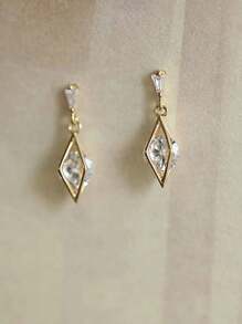 1 Pair S925 Sterling Silver Cubic Zirconia Hollow Rhombus Pendant Drop Earrings, Elegant And Versatile Jewelry Gift For Women, Wedding Travel Party Festival - Hollow Diamond - View 3