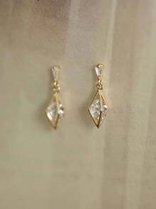 1 Pair S925 Sterling Silver Cubic Zirconia Hollow Rhombus Pendant Drop Earrings, Elegant And Versatile Jewelry Gift For Women, Wedding Travel Party Festival - Hollow Diamond - View 4