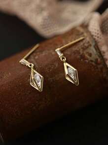 1 Pair S925 Sterling Silver Cubic Zirconia Hollow Rhombus Pendant Drop Earrings, Elegant And Versatile Jewelry Gift For Women, Wedding Travel Party Festival - Hollow Diamond - View 5