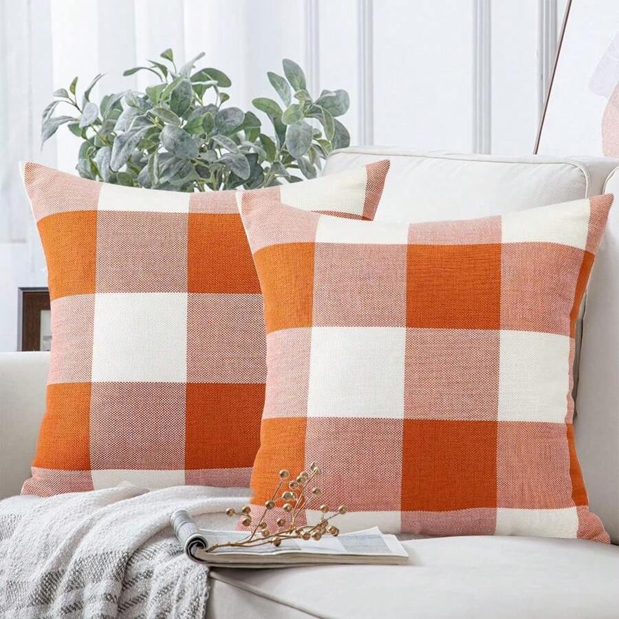 1 pieza Funda de cojín de lino a cuadros clásica, cojín decorativo para el hogar del sofá para la sala de estar, otoño/invierno - Naranja Quemada - Ver 1