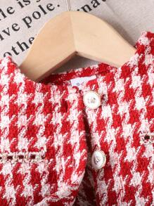 3 件套女婴格子夹克、高领毛衣和玫瑰纽扣裙套装，时尚秋冬 - 紅白色 - 查看 4