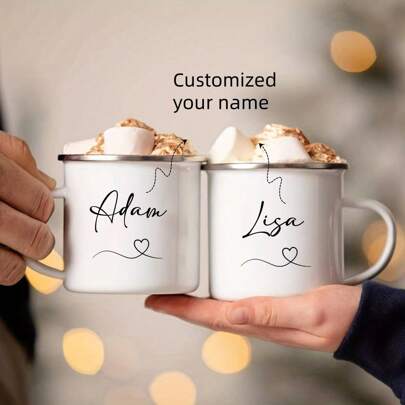 1pc Custom Text Name Enamel Mug Outdoor Mug Suitable As A Gift For Bridesmaids, Friends, Mom, Halloween Gift, Christmas Gift, New Year Gift Stylish, Adorable, Colorful Custom, Personalized, Unique Ideal Gifts For Her Friends, Son, Daughter, School Students, Workers, Kids School, Home, Office