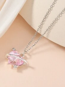 1 件完美时尚银色不锈钢链配粉色红心皇后吊坠项链女士日常佩戴项链首饰 - 粉色 - 查看 11