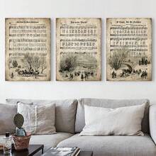 Framed 3pcs Vintage Carol Canvas Paintings, Sheet Music Hymns, Festival Art Printed Posters, Ideal Gifts For Living Rooms And Bedrooms, Holiday Decorative Wall Art Wall Decoration, Home Decoration Materials, Wall Art, Room Decoration - Khaki - View 1