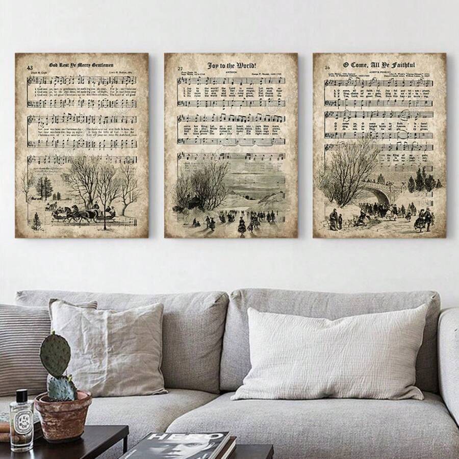 Framed 3pcs Vintage Carol Canvas Paintings, Sheet Music Hymns, Festival Art Printed Posters, Ideal Gifts For Living Rooms And Bedrooms, Holiday Decorative Wall Art Wall Decoration, Home Decoration Materials, Wall Art, Room Decoration - Khaki - View 1