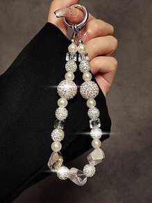 Lanière de pendentif de luxe avec strass et perles, convient pour étuis de téléphone, porte-clés, accessoires de portefeuille, bracelets en fibres de polyester. Accessoire décoratif court à la mode pour femmes. Cadeau pour mère, famille, amis, anniversaire, vacances. Charm de téléphone, chaîne de téléphone - Multicolore - Voir 3