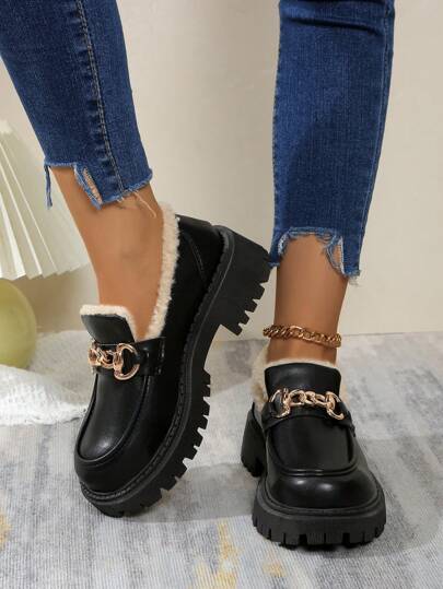 大码女式保暖内衬乐福鞋，厚底套脚休闲牛津鞋，黑色和棕色可选，百搭英伦风女式运动鞋，秋冬款