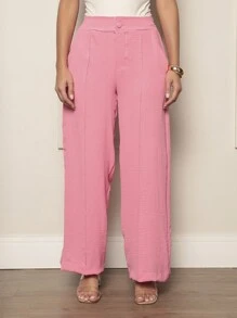 Duna Fabric Wide Leg Pants With Button Blogger Elastic Social Pants - Baby Pink - View 2