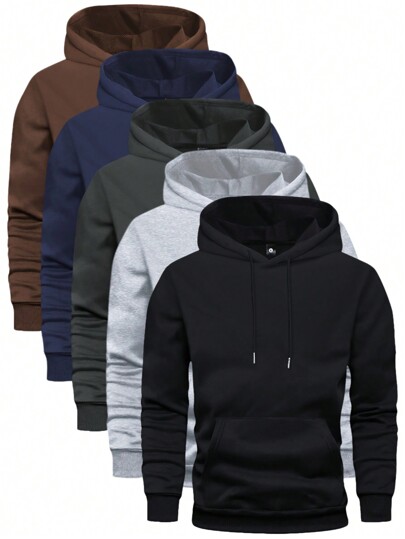 5 Pcs Men's Solid Color Hoodie - Soft, Breathable, Casual Long Sleeve Hooded Sweatshirt With Pocket For Outdoor Activities, Daily Wear, And Travel - Comfortable, Relaxed Fit, Black + Light Gray + Dark Gray + Navy Blue + Coffee