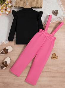 2pcs Young Girl Casual Outing Outfit - Heart Graphic Print Long Sleeve Top & Bow Decor Overall Pants Set For Spring Autumn - Coral Pink - View 2
