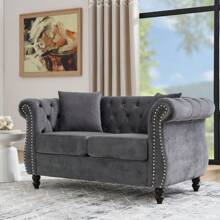 YOGLAD Modern Chesterfield Velvet Sofa, 2-Seater Sofa And 3-Seater Sofa With Curved Backrest Rolled Arm, Upholstered Tufted Backrests With Nailhead Arms And 2 Cushions For Living Room, Bedroom, Apartment, Office - 灰色 - 查看 4