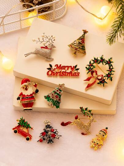 1 pieza de broche con forma de corona de Navidad decorado con cristales con diseños de reno, Papá Noel, árbol de Navidad y Feliz Navidad, accesorio de moda y decorativo creativo para prendas, chaquetas