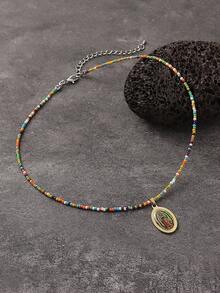 1 件波西米亚风复古创意圣母玛利亚和耶稣手工串珠不锈钢吊坠可调节项链，适合度假、休闲、派对和日常佩戴 - 彩色 - 查看 6