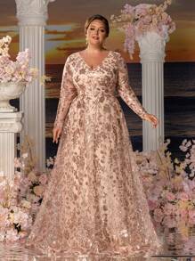 Faeriesty Mosy Mother Of The Bride Plus-Size Formal Dress: Floral Sequin Embroidery Surplice V-Neck Elegant Evening Gown