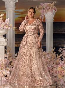 Faeriesty Mosy Mother Of The Bride Plus-Size Formal Dress: Floral Sequin Embroidery Surplice V-Neck Elegant Evening Gown