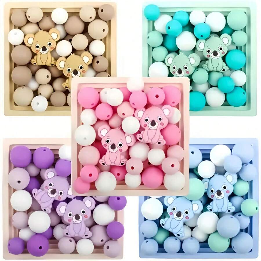 47 件硅胶珠套装，考拉形硅胶焦点珠，12mm/15mm 圆形硅胶散珠，适用于 DIY 珠宝制作、钥匙包、串珠笔、手链、项链、绳串珠手工艺品配件 - 無尾熊矽膠焦點珠套裝 - 查看 1
