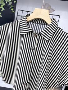 ELLIE Loose Striped Print Casual Cropped Shirt - 黑色 - 查看 3