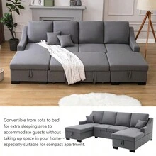 U_STYLE Upholstery Sleeper Sectional Sofa With Double Storage Spaces 2 Tossing Cushions Grey