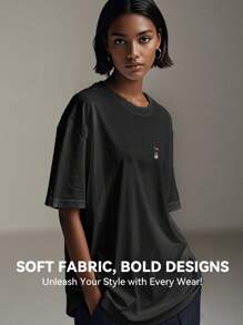Women's Print Short Sleeve T-Shirt, Black & White Shirt, 180gsm Shirt, Crew Neck Short Sleeve T-Shirt, Breathable & Comfortable Casual Sports Fitness Tee, Casual Vintage Style, Suitable For Summer, Beach Holiday Crew Neck Short Sleeve Casual T-Shirt, Summer Tee