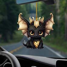 1pc Acrylic 2D Gold And Black Dragon Hanging Ornaments, Car Rearview Mirror Hanging Ornaments, Home Decorations, Key Chain Bag Hanging Ornaments Small Gifts - Black - View 6