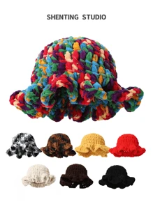 1 pieza Sombrero de cubo con volantes plisados de unicolor tejido a mano para mujer, diseño exagerado, gorro de invierno de moda