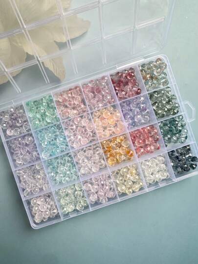 1 盒 24 种颜色，约 600 件时尚简约多色亮色 8 毫米水晶玻璃扁珠/高品质水晶花球珠组合盒，DIY 珠宝项链手链制作用品 A+B 套装