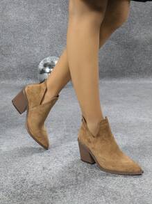2024 New French Style Short Boots For Women, British Retro Boots, Pointed Toe Chunky Heel Ankle Boots With Back Zipper, Autumn/Winter