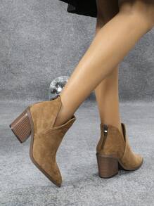 2024 New French Style Short Boots For Women, British Retro Boots, Pointed Toe Chunky Heel Ankle Boots With Back Zipper, Autumn/Winter