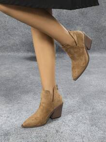 2024 New French Style Short Boots For Women, British Retro Boots, Pointed Toe Chunky Heel Ankle Boots With Back Zipper, Autumn/Winter