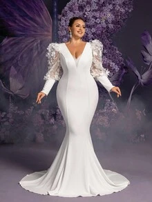 Faeriesty Plus Głęboki Dekolt Aplikacja Biskupia Rękawy Syrenka Suknia Ślubna, Plus Size Biała Suknia Ślubna Z Długimi Rękawami - Biały - Zobacz 4