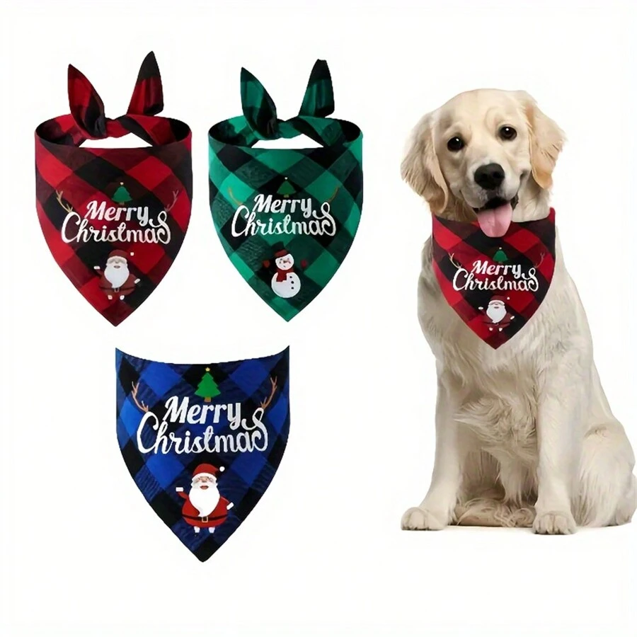 Set da 3 pezzi Bandana natalizia per cani, con giocattoli per cani, sciarpa a quadri classici natalizi, bavaglino e set di sciarpe per animali domestici, adatto per cani di piccola, media e grande taglia