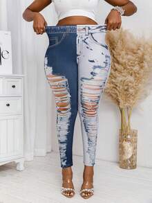 Women Plus Size Faux Cowhide Print Ripped Tight Leggings - Color Matching - View 3