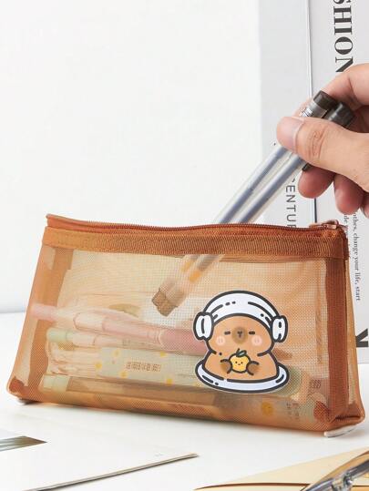 Capybara Mesh Pencil Case, Cartoon Design Minimalist Transparent Pocket Stationery Storage Bag, Back To School Supplies Pouch, Pencil Box, Pencil Case, Backpack