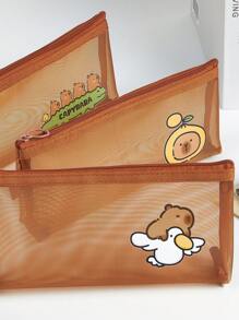 Capybara Mesh Pencil Case, Cartoon Design Minimalist Transparent Pocket Stationery Storage Bag, Back To School Supplies Pouch, Pencil Box, Pencil Case, Backpack - Multicolor - View 10