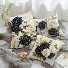 4pcs Vintage Watercolor Black & White Rose Pillow Cover Set, Single-Sided Printed Peach Velvet Material, 45*45/50*50/40*40CM Cushion Cover For Modern Fabric Sofa Indoor Decor, Party Decoration, Gift
