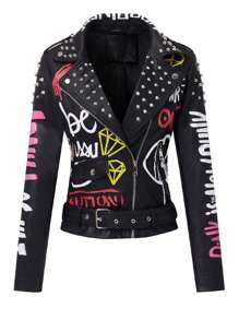 Chaqueta de piel sintética para mujer con remaches florales para motociclista y solapa corta