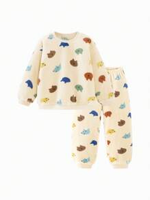 mini bala 男童和女童双面羊毛家居服睡衣套装婴儿加厚睡衣冬季系列 - 咖啡棕 - 查看 6