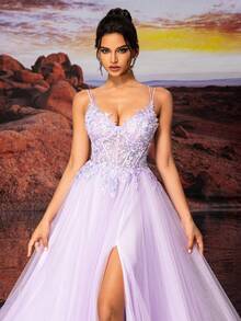 Vestido Slip Púrpura Tule Longo Vestido de Baile com Bordado de Miçangas Brilhantes em Linha A, Vestido de Formatura Semi-formal Elegante, para Aniversário, Convidado de Casamento, Vestido de Formatura da Festa de Boas-Vindas - Roxo - Visão 5