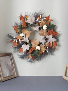 1pc 50CM Maple Leaf Wreath With Artificial Berries, Rustic Wooden And Rattan Material, Artificial Flower Wreath For Thanksgiving/Christmas Home Wedding Fireplace Party Decor, Room Decor - Multicolor - View 6