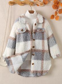 年轻女孩休闲长外套，时尚格子图案，温暖保暖内衬，秋冬