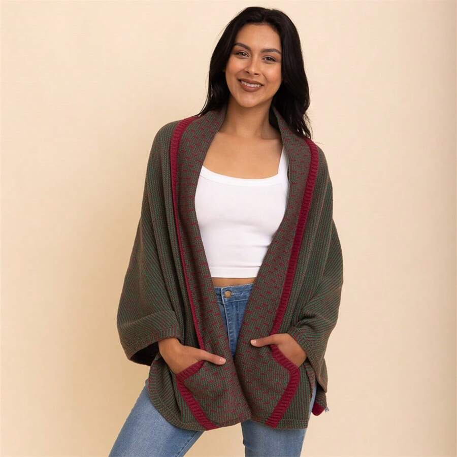 Contrast-Collar-Knit-Ruana-Wrap-W-Pockets